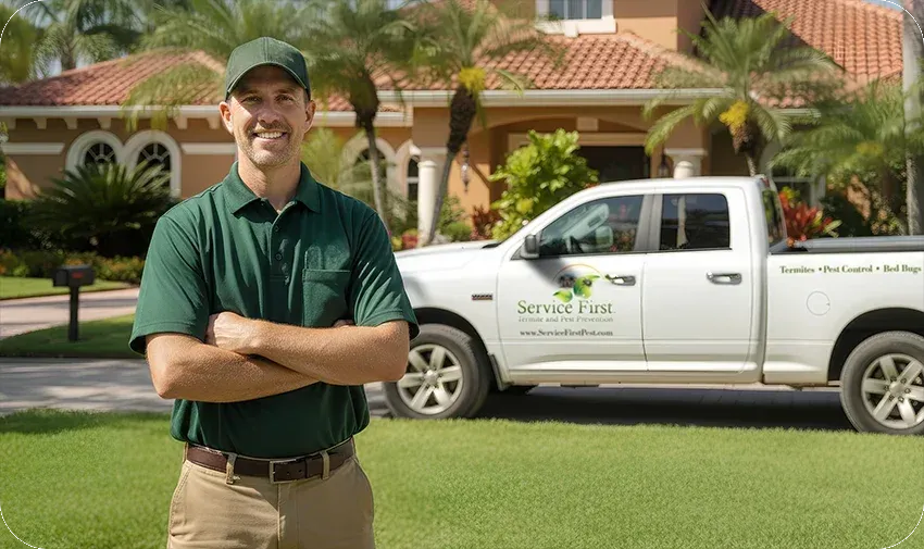 Service First Termite and Pest tech standing in front of truck