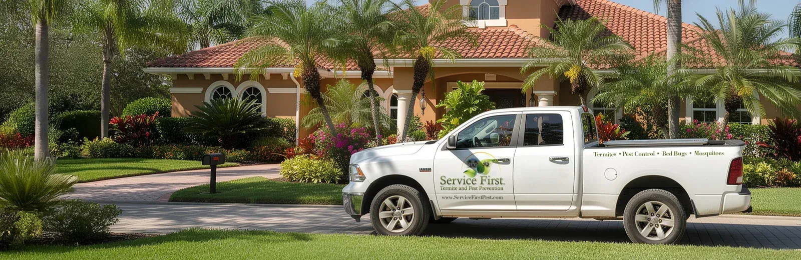 Service First Pest Control Truck in front of a house